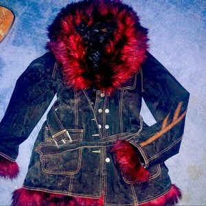 Vintage cool black denim with auburn fur 70s style jacket.